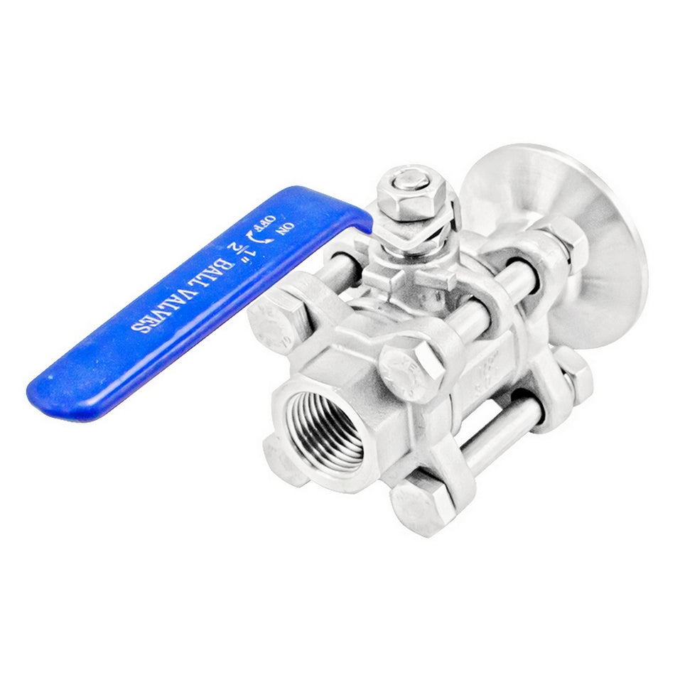Stainless Steel Tri-Clover 3-Piece Ball Valve - 1" TC X 1/2" Female NPT
