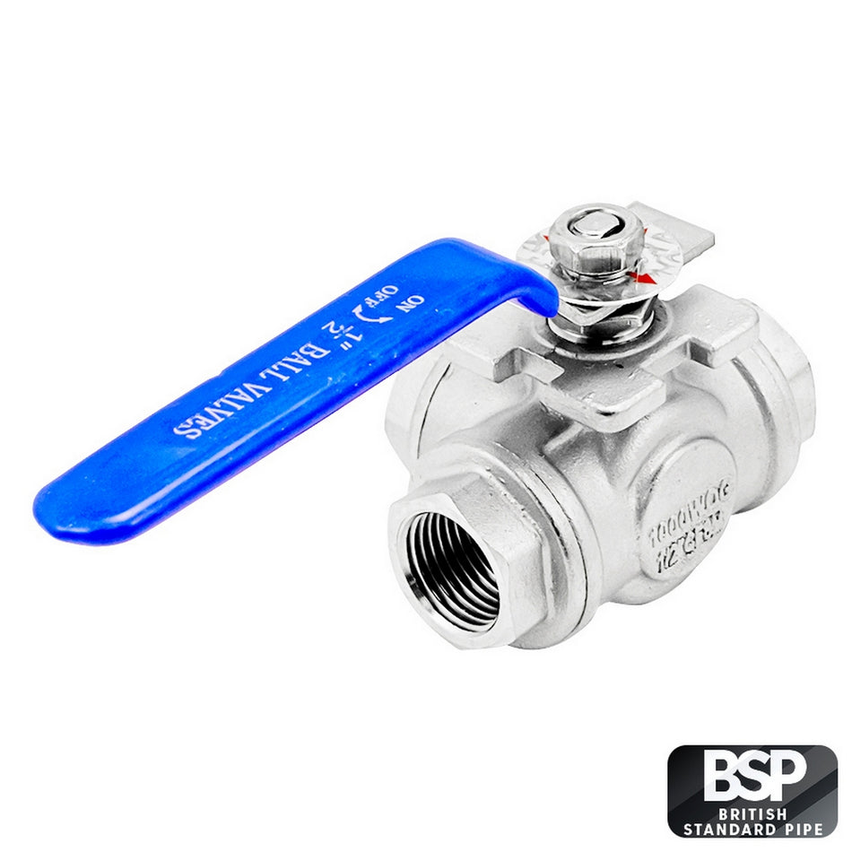 Stainless Steel 3-Way Ball Valve - 1/2" Female BSP (T-Type Design)